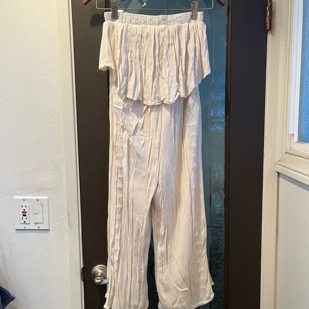 Cream strapless Jumpsuit with embroidery detail